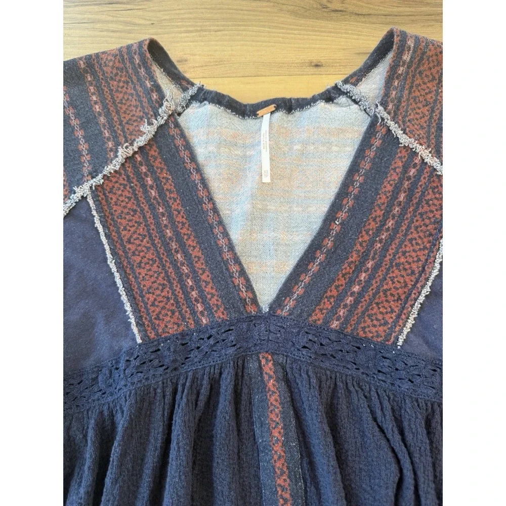 Free People XS Boho Peplum Top Navy Patchwork Crochet Tie Sleeve Babydoll